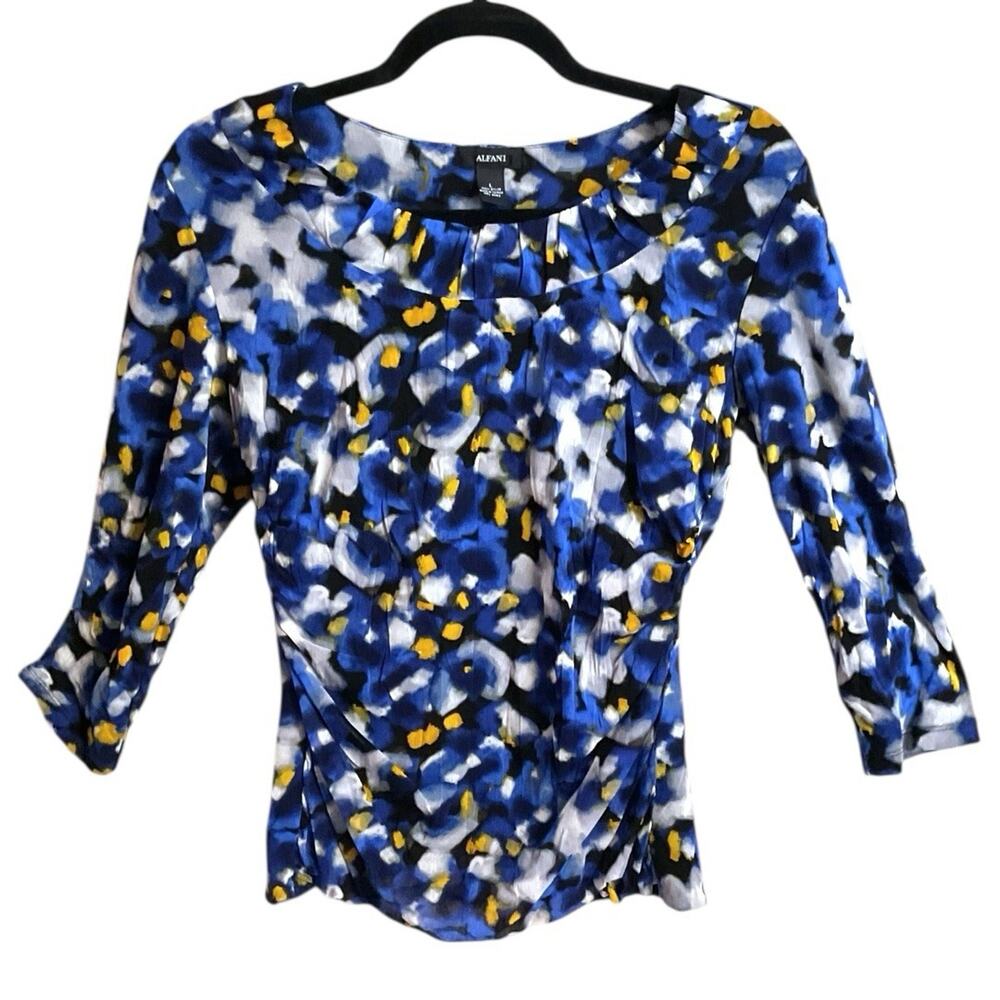 ALFANI Blue Abstract Floral Print 3/4 Sleeve Tunic Blouse‎ Sz L Pleated Neckline